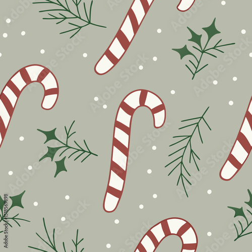 Hand-drawn candy cane motifs and holly leaves in seamless vector pattern  