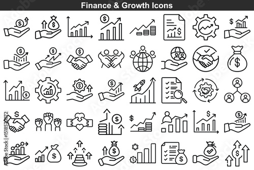 Collection of Finance and Investment Line Icons Growth Charts, Currency Symbols, and Business Concepts