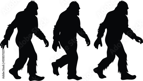 Three Black Silhouettes of Walking Bigfoot Creatures on a White Background Representing Cryptids and Folklore in a Simple Graphic Style The image shows