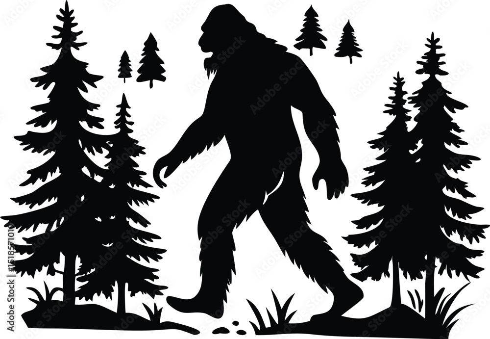 Fototapeta premium Silhouette of Bigfoot Walking Through a Forest of Evergreen Trees Mysterious Creature in its Natural Habitat Black and White Illustration black silhouette depicts