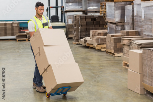 Photos Hispanic male in safety vest pushing blue hand truck with cardboard boxes across