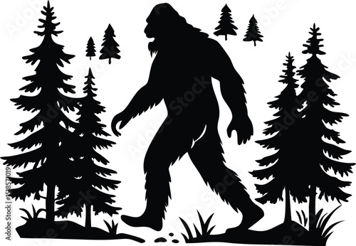 Silhouette of Bigfoot Walking Through a Forest of Evergreen Trees Mysterious Creature in its Natural Habitat Black and White Illustration black silhouette depicts