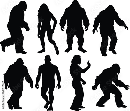 Silhouette Collection of Cryptids and Mythical Creatures Bigfoot Sasquatch and Humanoids in Various Poses on a Clean White Background for Graphic Design and