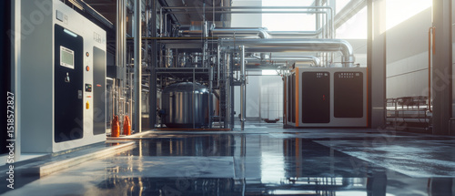 Detailed realistic water recycling system setup showcasing industrial machinery and piping in modern facility. environment reflects advanced technology and efficiency, emphasizing sustainability