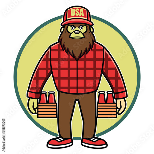 Cartoon Bigfoot Character Wearing a USA Cap and Red Plaid Shirt Carrying Two Six Packs of Beer in Front of a Circle cartoon