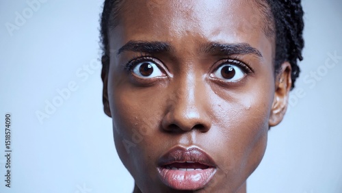Shocked african american woman with wide eyes and open mouth displaying intense fear and surprise against pale blue backdrop