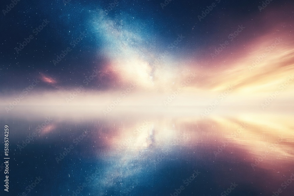 Fototapeta premium A mesmerizing scene of the night sky mirroring perfectly on calm water, blending earth with cosmic wonder in a dreamlike panorama.