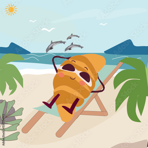  Fresh bagel relaxing on the beach vector illustration bun in glasses cartoon character lying in a lounge chair on the sand, summer illustration,sweet pastries funny character in sunglasses.