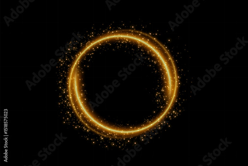 Vector effect of golden circle. Golden dust circle light. Light glittering circle with particles. Luminous fire trail on a transparent background