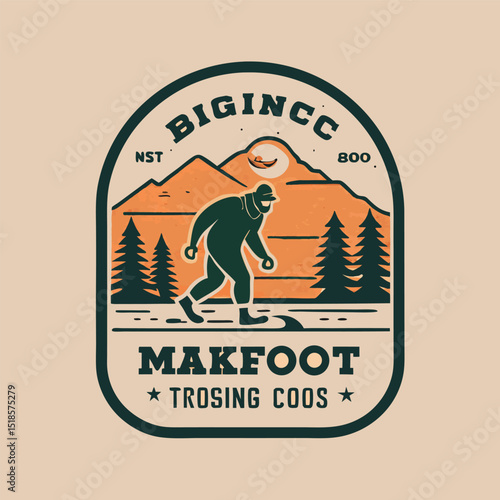 Vintage Style Bigfoot Illustration with Mountains Trees and a Canoe in the Sky Featuring the Words Bigincc and Makfoot Trosing Coos This vintage style