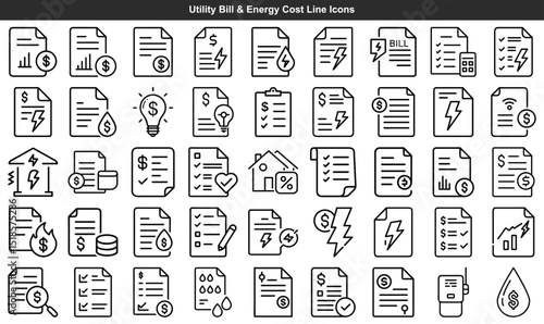 Utility Bills, Energy Costs, and Financial Records Line Icons Collection Depicting Various Aspects