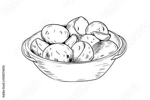 Baked potatoes and garlic served on plate hand drawn black and white outline vector illustration. Potatoes baked in a deep ceramic baking dish line art sketch for kitchen decor, village food packaging
