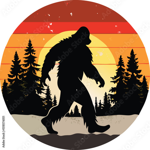 Retro Bigfoot Silhouette Design Featuring a Forest Sunset and Textured Circle Background Evoking a Vintage or Nostalgic Feel for Cryptozoology Enthusiasts This illustration