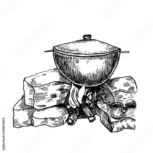 Hand drawn black white vector illustration of a cast iron pot over campfire. Cauldron with lid standing on stones, burning logs drawing. Rustic outdoor cooking sketch for camping, bushcraft prints.