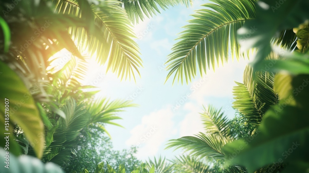 Tropical palm leaves frame a bright sky, ideal for summer vacation brochures or travel websites Tropical palm leaves frame a bright sky, ideal for summer vacation brochures or travel websites