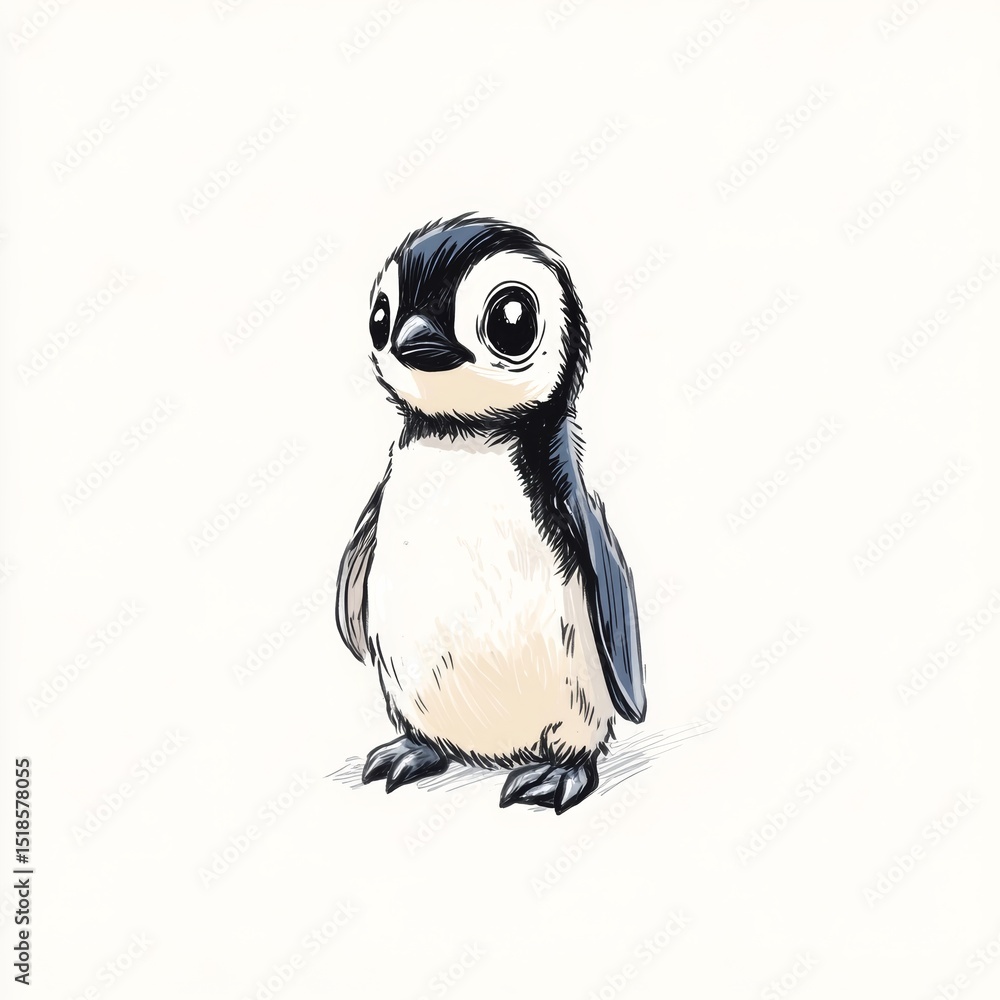 Naklejka premium Cute cartoon penguin illustration with large expressive eyes, standing upright on a light background, showcasing its adorable features and playful character