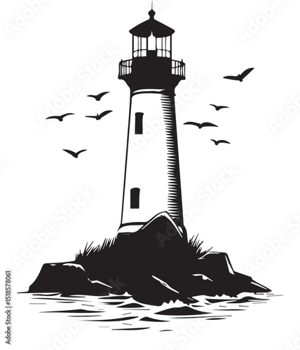 Lighthouse on the Coast: A timeless black and white illustration of a classic lighthouse perched atop rugged rocks, guiding ships safely through the open ocean, with a flock of birds in flight.