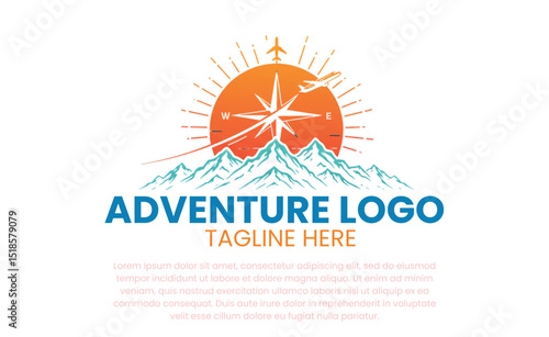 Stunning Adventure Logo Design featuring Mountains Sun Compass and Airplane perfect for travel branding and tourism
