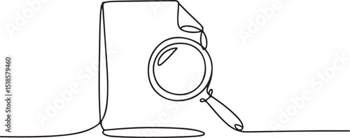 Continuous one line drawing of a document with wavy lines and a magnifying glass in minimalist black and white vector style

