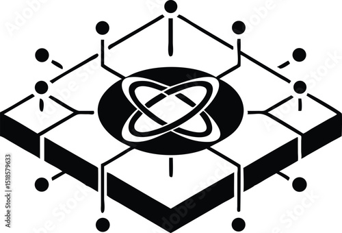 Futuristic isometric quantum computing symbols with transparency on a white background