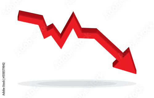 Red 3d arrow going down stock icon on white background. Bankruptcy, financial market crash icon for your web site design, logo, app, UI. graph chart downtrend symbol.chart going down sign.