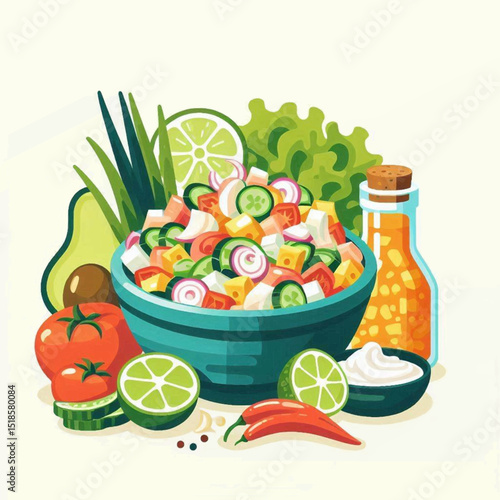 Vibrant salad illustration chopped veggies avocado  dressing in a bowl against an offwhite background