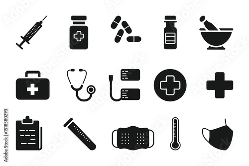 Medical and Pharmaceutical Icon Set  Vector Healthcare Symbols for Medicine, Pharmacy, and Hospital Use.
