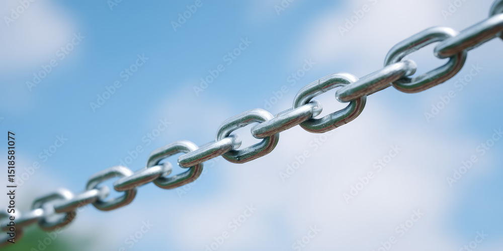 Fototapeta premium A metallic chain stretches horizontally against a backdrop of sky and clouds. Strength and connection concept