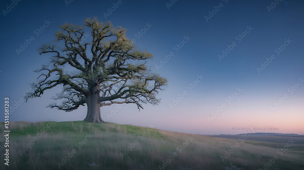 Obraz premium A stunning oak tree stands silhouetted against a colorful sunset sky over a grassy landscape.