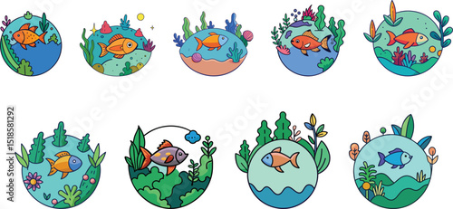 fish in organic aquarium design set vector illustration