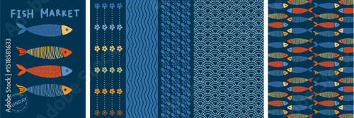 Vibrant Fish Market Pattern hand-drawn fish illustrations and stylish patterns with waves, flowers, and scales on a deep blue background