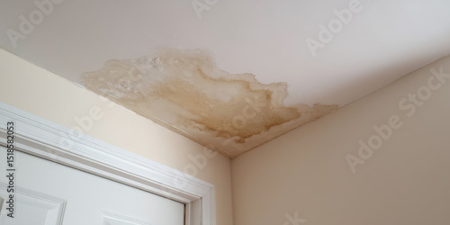 Water stain spreads across an indoor ceiling near a door. Damage, home maintenance, problem