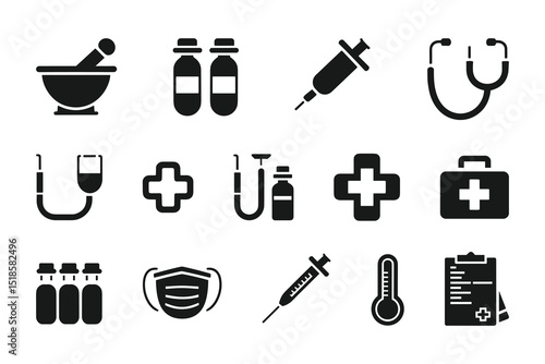 Medical and Pharmaceutical Icon Set  Vector Healthcare Symbols for Medicine, Pharmacy, and Hospital Use.