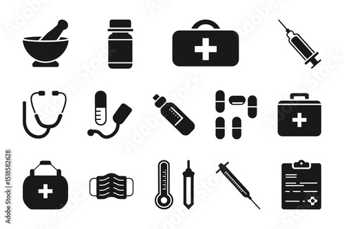 Medical and Pharmaceutical Icon Set  Vector Healthcare Symbols for Medicine, Pharmacy, and Hospital Use.