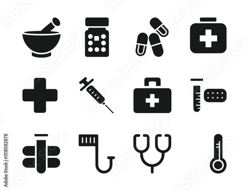 Medical and Pharmaceutical Icon Set  Vector Healthcare Symbols for Medicine, Pharmacy, and Hospital Use.