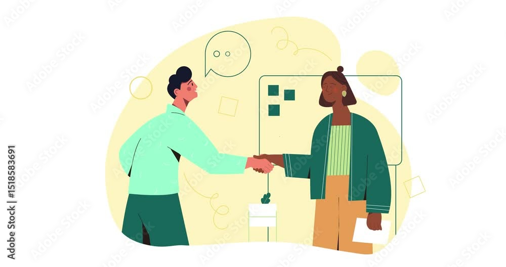 Business activity scene. Moving banner with male and female entrepreneurs shaking hands as sign of partnership. Deal or Agreement. Teamwork of employees. Flat graphic animated cartoon Business activity scene. Moving banner with male and female entrepreneurs shaking hands as sign of partnership. Deal or Agreement. Teamwork of employees. Flat graphic animated cartoon