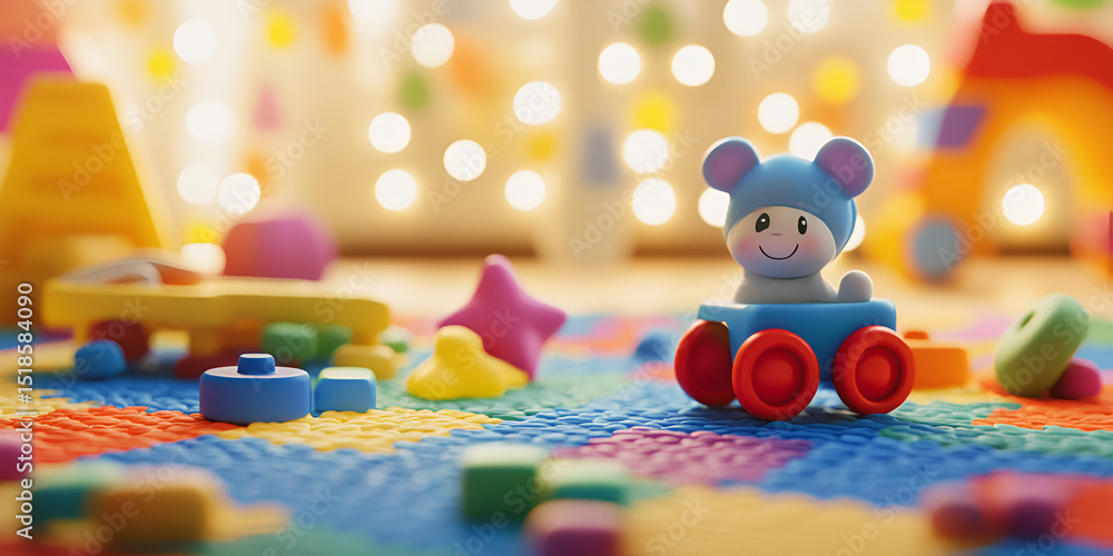 Obraz premium Colorful Plastic Toys Scattered on Playroom Floor with Soft Lighting