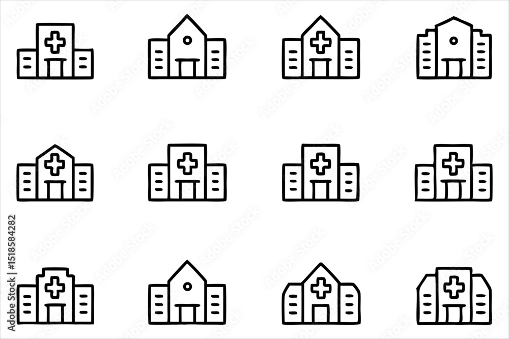 Fototapeta premium Simple Line Art Hospital Building Icons