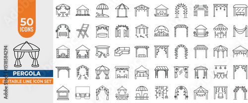 50 Editable Line Icons of Pergolas, Gazebos, anopy, shelter, arbor, seating, patio, trellis, Outdoor Structures Editable stroke. Vector illustration