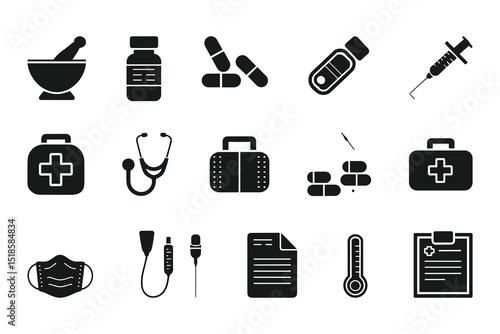 Medical and Pharmaceutical Icon Set  Vector Healthcare Symbols for Medicine, Pharmacy, and Hospital Use.