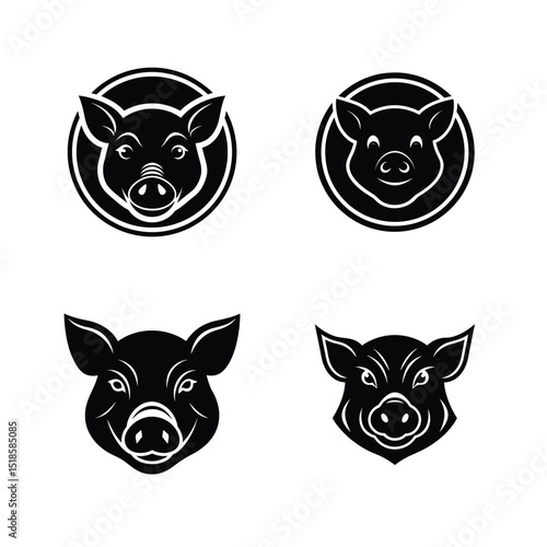 Set of pig head silhouette for farm animal and food themed branding vector illustration.