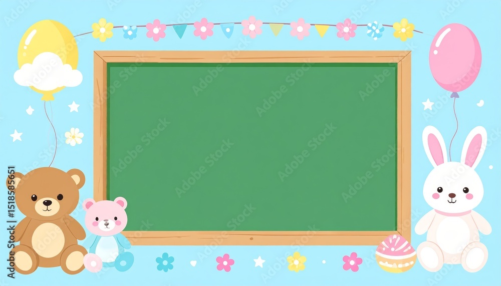 Adorable teddy bear and balloon on a green board, cheerful celebration of childhood Adorable teddy bear and balloon on a green board, cheerful celebration of childhood