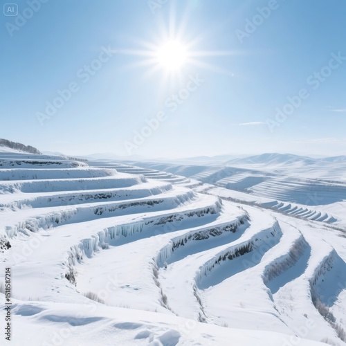 White icy terraced landscape under bright sunlight
