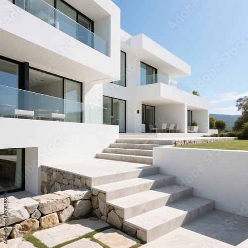 White Modern Villa with Stone Steps and Sunny Exterior
