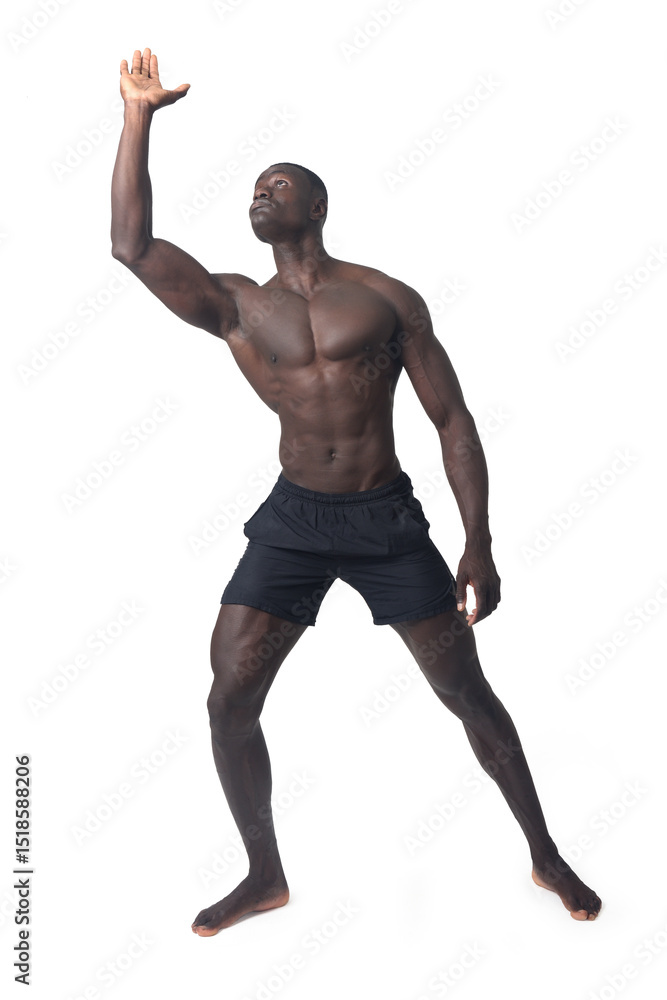 Obraz premium front view of a man wearing shorts pushing something imaginary upwards with one hand.