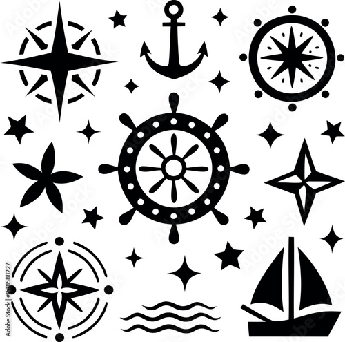 Nautical themed vector graphic with anchor, compass, ship wheel and stars
