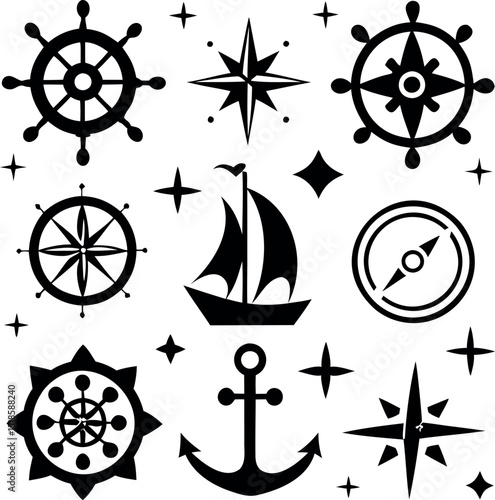 Nautical themed black and white vector graphic art with varied sailing elements