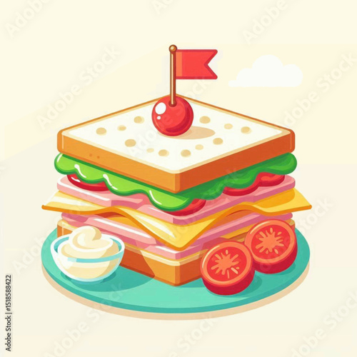 Cartoon sandwich stacked high with lettuce tomato ham cheese and a toothpick with a flag atop a green plate