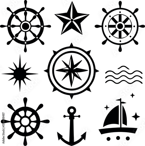 Collection of vector images of various nautical elements on white background
