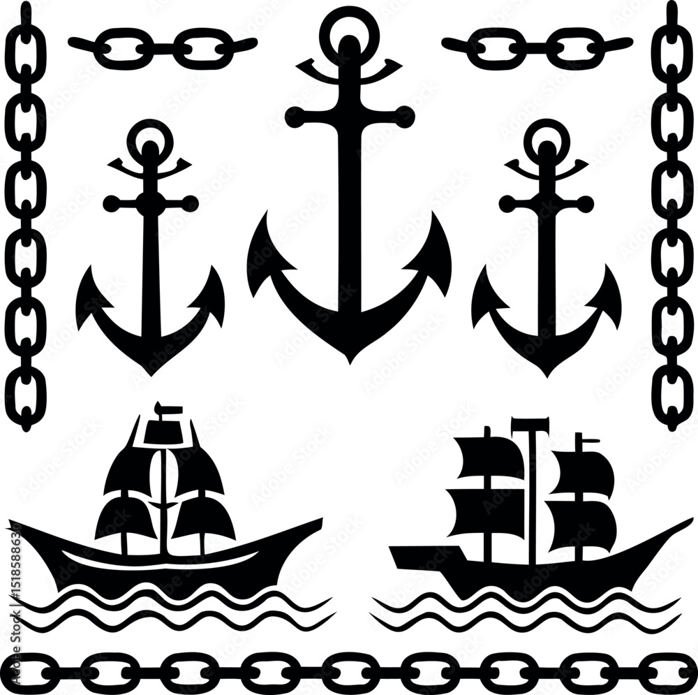 Maritime Symbols Composed of Anchors, Sailing Ships, and Chains in Black Maritime Symbols Composed of Anchors, Sailing Ships, and Chains in Black